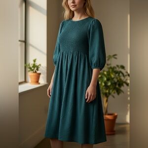SMOCKED MIDI DRESS, 3/4 PUFF SLEEVE, CROFT & BARROW SIZE PXL. PULLOVER, FLOWY